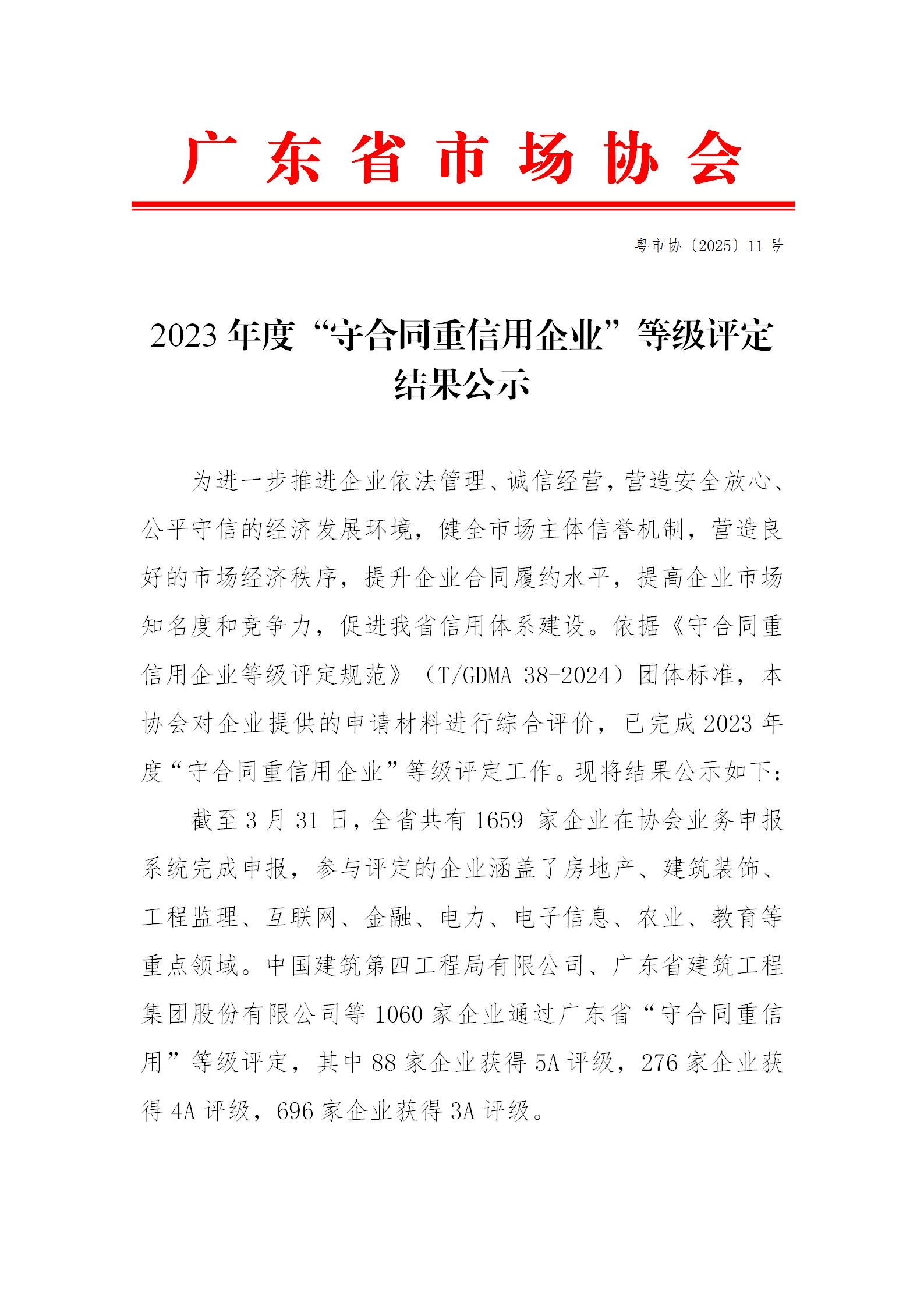 2023年度“守合同重信用企业”等级评定结果公示